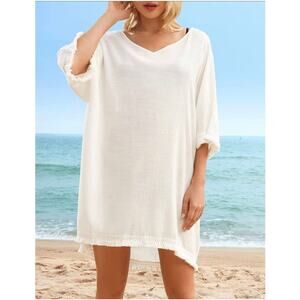 LECIELDUSOIR‎ Tunic Large V-Neck Blouse Swim Swimsuit Cover Up Tassel Hem Boho